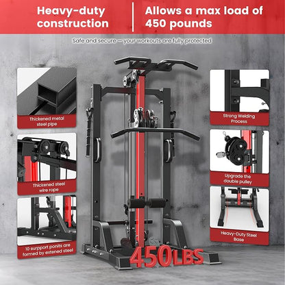 Pull Up Bar Power Tower Dip Station with Cable Machine, 450LB Home Gym | Pull up bar, dip station and 16-position cable system for pull ups, dips, lat pulldowns, rows and full-body training