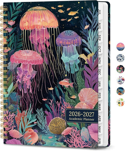 Planner 2026-2027, Academic Year Monthly & Weekly Planner Caledndar, July 2026 - June 2027, Hardcover Large Planning Agenda Book with Tabs for School Office Supplies, 6.3" x 8.5" - Jellyfish