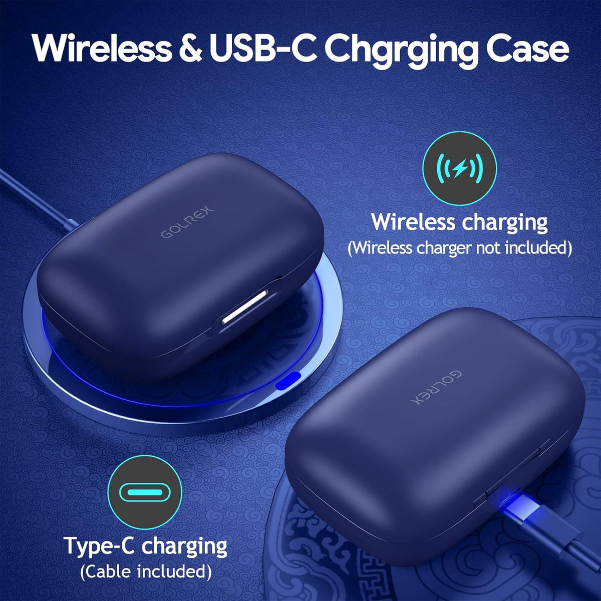 GOLREX Active Noise Cancelling Ear Buds Wireless Earbuds Bluetooth Headphones with 80H Playtime LED Display Wireless Charging Case, Over-Ear Hooks Earbud for Sports Running Gym Workout Blue