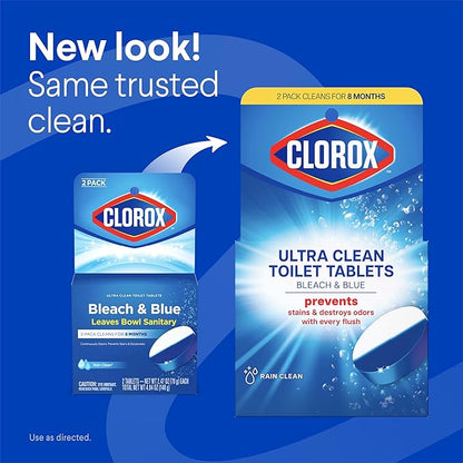 Clorox Ultra Clean Toilet Tablets Bleach & Blue, Rain Clean Scent 2.47 Ounces Each, 2 Count (Package May Vary)