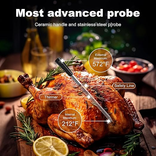 Wireless Meat Thermometer 2 Probes, Bluetooth Smart Meat Thermometer Digital Wireless Remote Tracking and Real-Time Readings, Standalone Base & Thinnest Probe, iOS and Android, for Grill, BBQ, Smoker