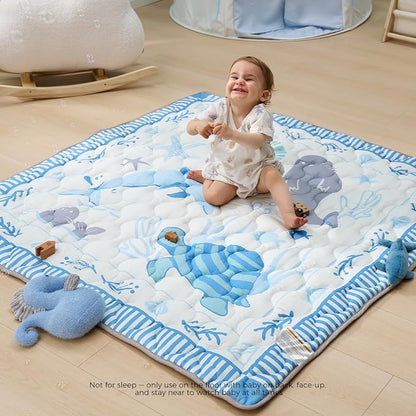 Momcozy Baby Play Mat for Floor, 50"x50" Thickened Playpen Mat | Playmate for Baby Tummy Time, Waterproof & Non-Slip, Foldable Outdoor Mat with Carrying Handle, Ocean Parade