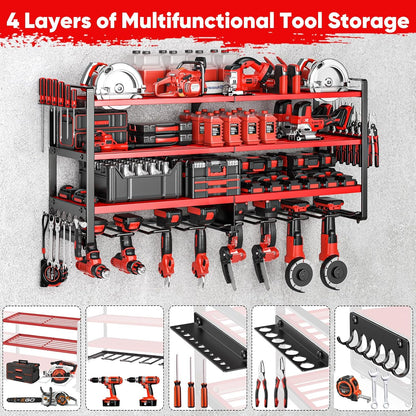 Upgrade Large power tool organizer Wall Mount,4 Layers Heavy Duty Metal Loads 400lbs Power Tool Hanger Shelf Battery Storage with 8 Cordless Drill Bit Holder,Utility Racks for Garage Tool Room