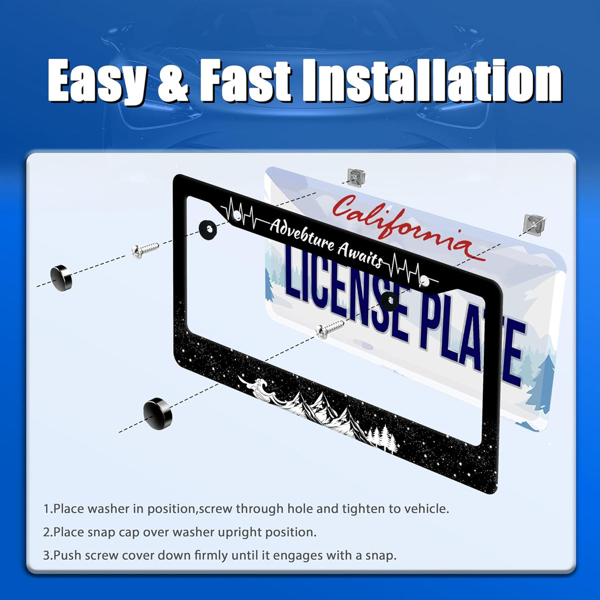 Advebture Awaits License Plate Frame Mountain Waves Forest License Plate Stainless Steel Rust-Proof Metal Funny License Plate Holder Car Accessory With Screws Car Decoration 12.3" x 6.3" For Men Women