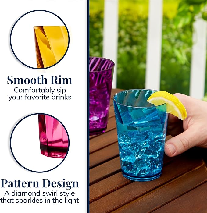 US Acrylic Optix Mini Plastic Reusable Drinking Glasses (Set of 8) 8oz Juice Cups in Jewel Tone Colors | BPA-Free Tumblers, Made in USA | Top-Rack Dishwasher Safe