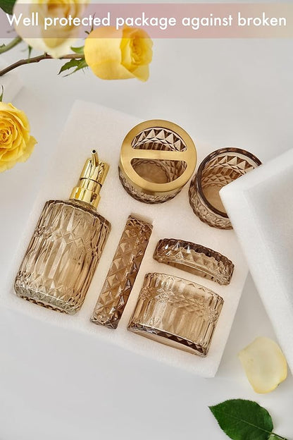 Brown Bathroom Accessories Set, 5Pcs Clear Glass Bathroom Accessories, Lotion Soap Dispenser, Toothbrush Holder Set, Soap Dish, Qtip Holder, Tumbler for Vintage Bathroom Decor, Gift Set