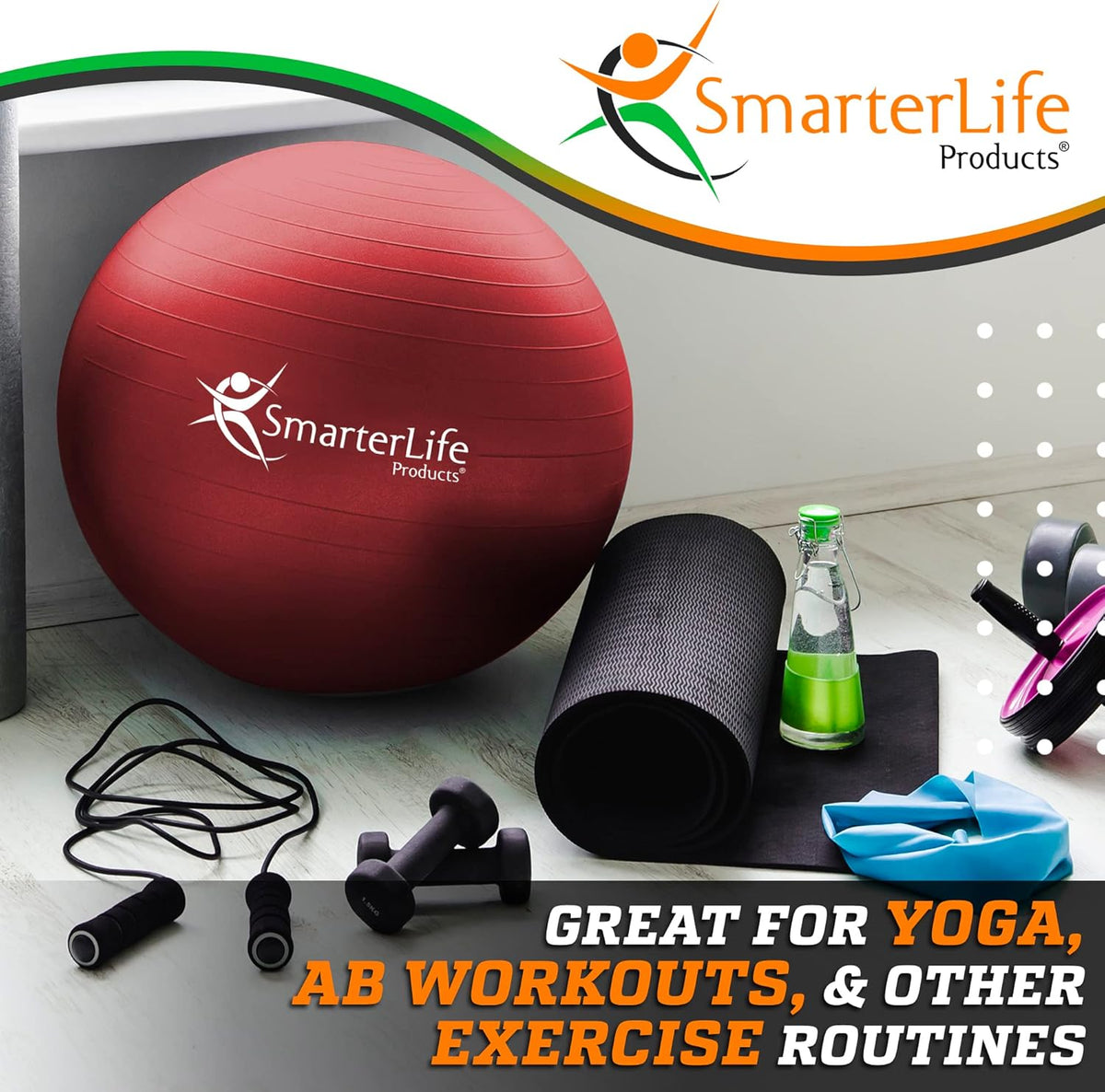 SmarterLife Exercise Ball Yoga Ball for Fitness, Balance, Stability, or Pregnancy, Gym Ball for Core Workout, Physical Therapy, Yoga Ball Chair for Office, Anti-Slip Anti-Burst