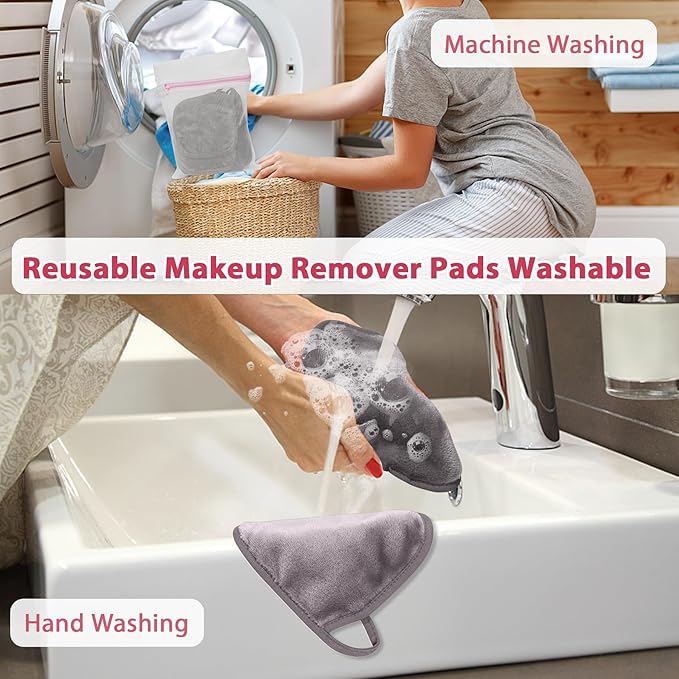 Makeup Remover Cloth, 6" x 6" Make Up Towels Reusable Face Cloth for Washing Face, Makeup Remover Pads Microfiber Face Washcloth with Mesh Bag, Just Water, 12 Pack, Cool Grey