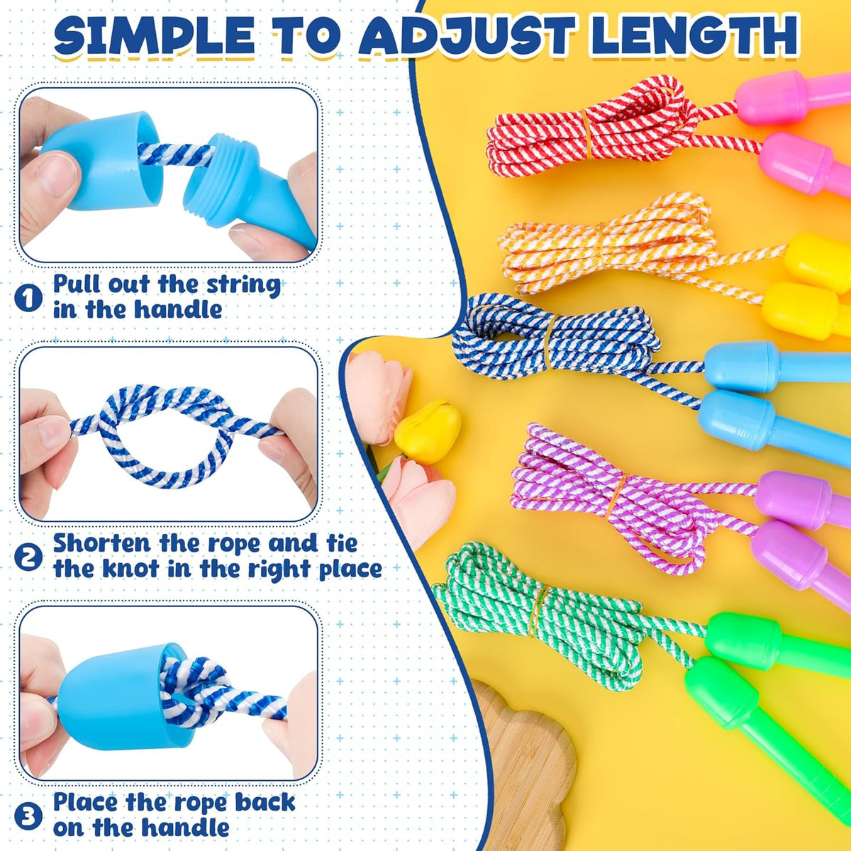Kids Jump Rope, Colorful Nylon Skipping Ropes for Children, 7.78FT Adjustable Length, 5.51IN Handles, Lightweight Skipping Ropes Set for Indoor & Outdoor Play Fitness School Activities