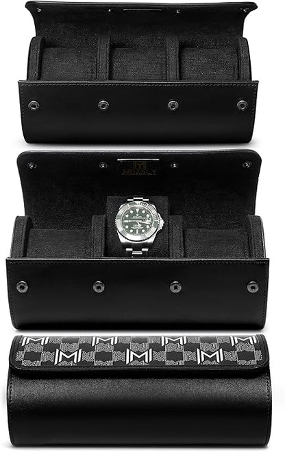 MOZSLY Watch Roll Travel Case 3 Slots Portable Watches Box Organizer Storage Holder Pattern PU Leather
