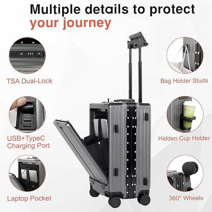 Carry On Luggage 22x14x9 Airline Approved Aluminum Frame, 20 Inch Hard Shell Carry On Luggage, Suitcase Carry-on Zipperless Luggage, TSA Approved (Grey)