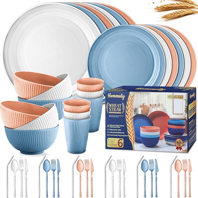 Wheat Straw Dinnerware Sets,48-Piece Plates and Bowls Sets for 6-Unbreakable,Reusable Plastic Dish Set-Dinner Plate/Dessert Plate/Cereal Bowl/Cup/Utensils-Dishwasher Safe 48P-Oecan Coral