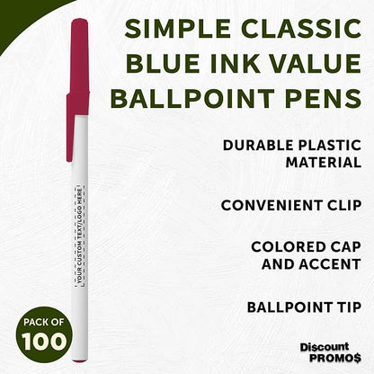 DISCOUNT PROMOS Custom Value Stick Pens Set of 100, Personalized Bulk Pack - Blue Ink, Great for Office, School, Business, Tradeshows, Events - Burgundy Cap