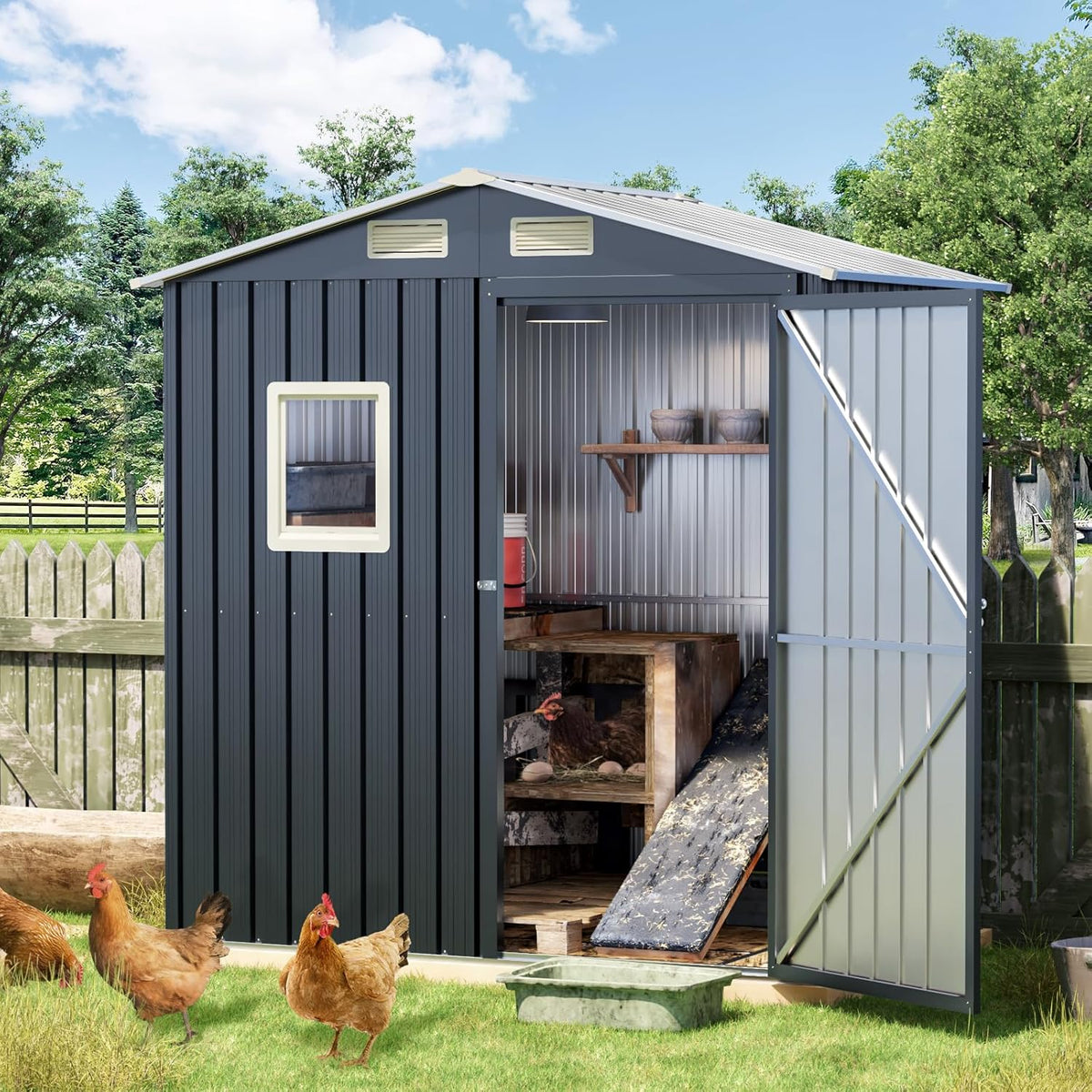 6x4 FT Outdoor Metal Storage Shed, Single Door, 1 Clear Window, Tool Shed for Garden, Patio, Backyard Brown