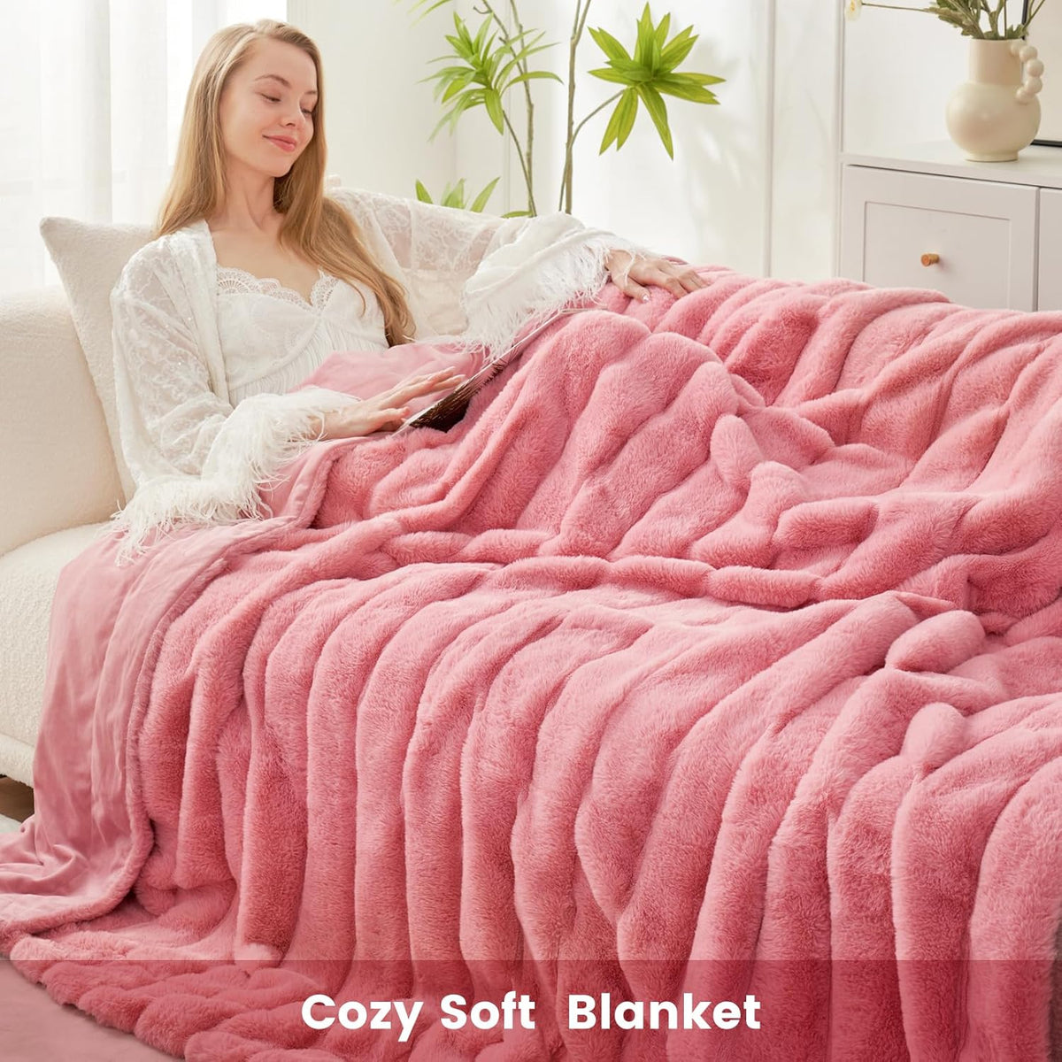 Cozy Bliss Faux Fur Throw Blanket for Couch, Cozy Warm Plush Striped Blanket for Sofa Bedroom Living Room, Pink