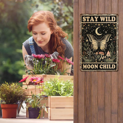 Vintage Tin Sign Butterfly Stay Wild Moon Tin Sign Retro Wall Decor for Home Office Room Wall Decor Poster 12 * 8inch