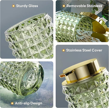 Bathroom Accessory Set with Plastic Wicker Basket,Glass Bathroom Accessories Set Green Bathroom Sets Bathroom Set, Diamond Soap Dispenser and Toothbrush Holder Set for Bathroom Decor