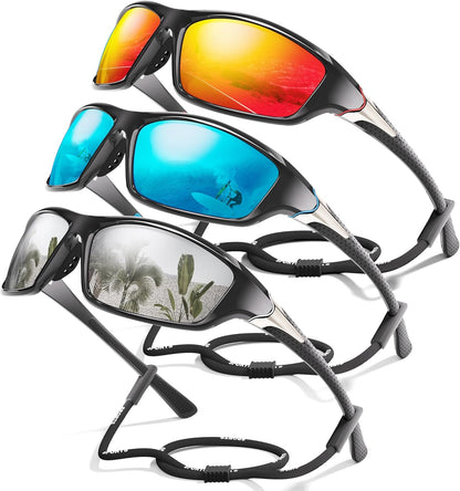 3 Pack Polarized Sports Sunglasses for Men, Mens Sunglasses Wrap Around UV400 Protection for Cycling Fishing Driving