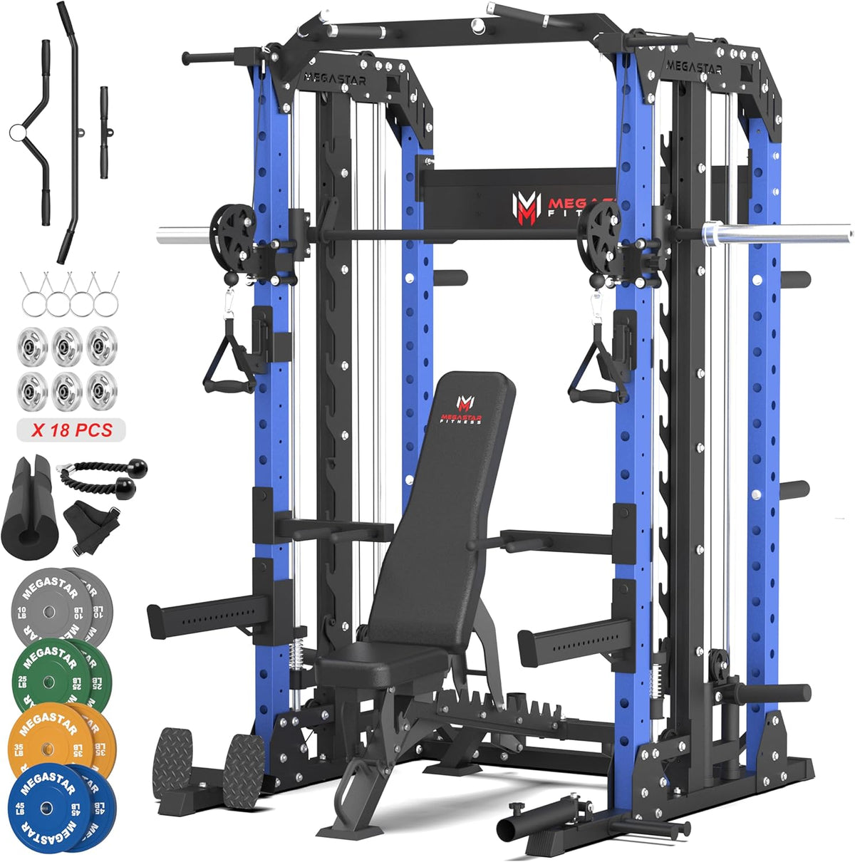 Smith Machine Home Gym with Aluminum Pulley Set- 2000lbs Capacity All-in-One Power Rack with Cable Crossover, Pull-Up Bar & Dip Station, Includes 18 Attachments, P107 Anvil