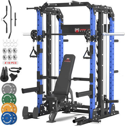 Smith Machine Home Gym with Aluminum Pulley Set- 2000lbs Capacity All-in-One Power Rack with Cable Crossover, Pull-Up Bar & Dip Station, Includes 18 Attachments, P107 Anvil