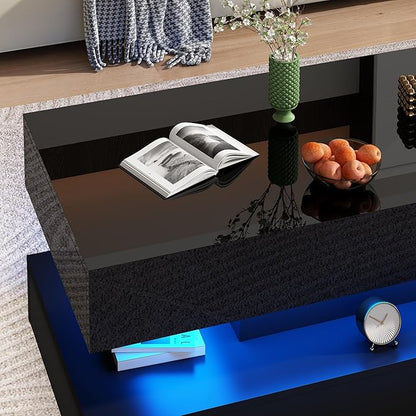 Uspeedy 39.37in Large High Glossy LED Coffee Table with 2 Storage Drawers,Black/White Modern Coffee Tables for Living Room,Living Room Tables,APP LED Lights (Black)