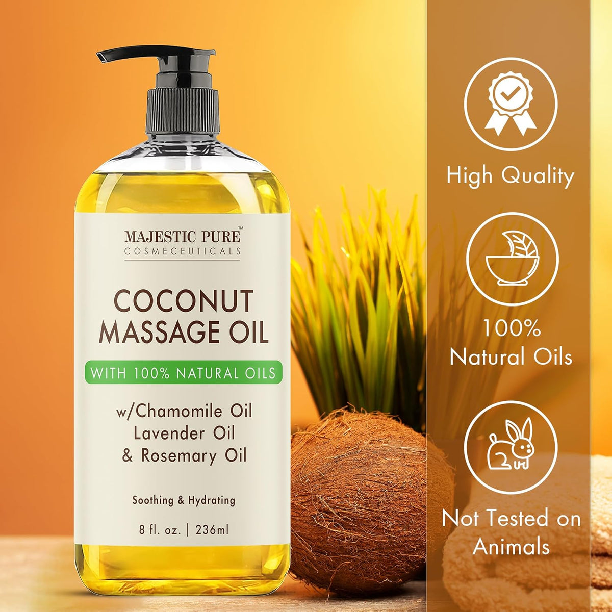 MAJESTIC PURE Coconut Massage Oil for Massage Therapy - Refreshing, and Relaxing - Natural Oils - for All Skin Types - Men and Women - 8 fl oz