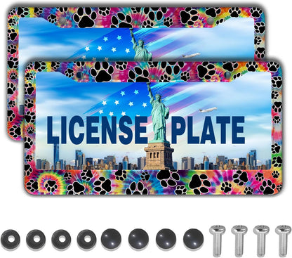 License Plate Cover for Men Multicolor License Plate Frames for Women Tie Dye Paw Print Aluminum Metal Car Accessory 2 Pack with Screw Covers Set