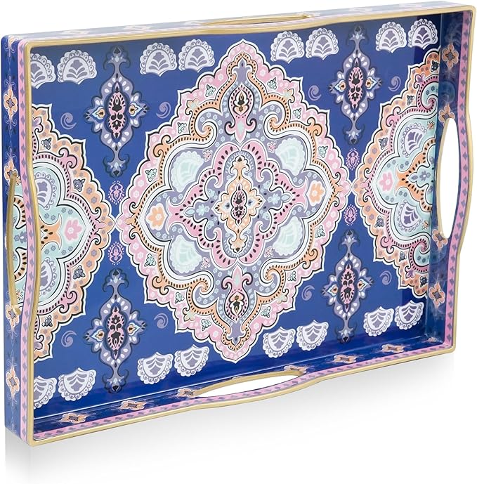 Gifturbo Serving Tray for Coffee Table, Rectangular Plastic Decorative Tray with 4 Handles for Entertaining, Outdoors, Living Room, Ottoman, Bathroom,Blue & Pink