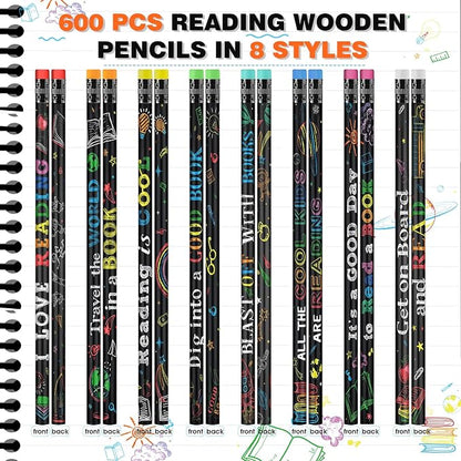 Pasimy 600 Pcs Reading Motivational Pencils Bulk Black Novelty Wooden Pencils with Eraser Classroom Inspirational Pen with Sayings for Kids Student Teacher School Reward Gifts Stationery Party