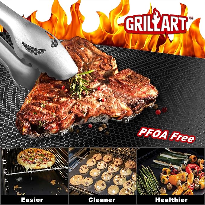 GRILLART BBQ Grill Mats for Outdoor Grill - Nonstick 600 Degree Heavy Duty Grilling Mat (Set of 2) - Reusable BBQ Grill Accessories Sheets -Works on Electric Grill Gas Charcoal BBQ - Gifts for Men Dad