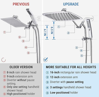 G-Promise All Metal 16 Inch Shower Head with Massage Mode Handheld, Rain Shower Head with Handheld Spray Combo, 3-Way Diverter with Pause Setting, 12 Inch Adjustable Extension Arm (Chrome)