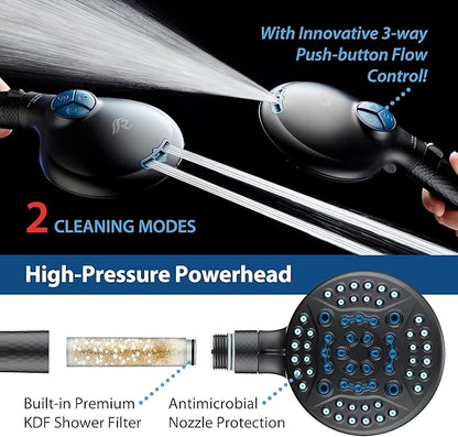 AquaCare 4X High Pressure 10-mode Filter Handheld Shower Head with Dual Power Wash - Clean Tub, Tile & Pets, Remove Chlorine, Metals & Toxins from Water to Protect Skin, Hair & Nails. Matte Black