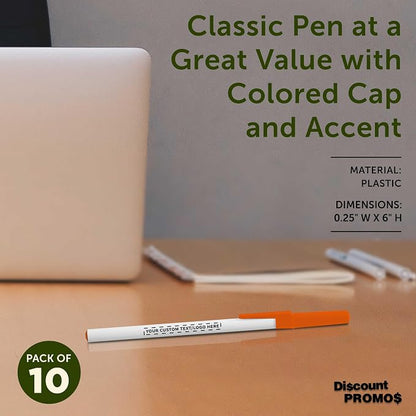DISCOUNT PROMOS Custom Value Stick Pens Set of 10, Personalized Bulk Pack - Blue Ink, Great for Office, School, Business, Tradeshows, Events - Orange Cap