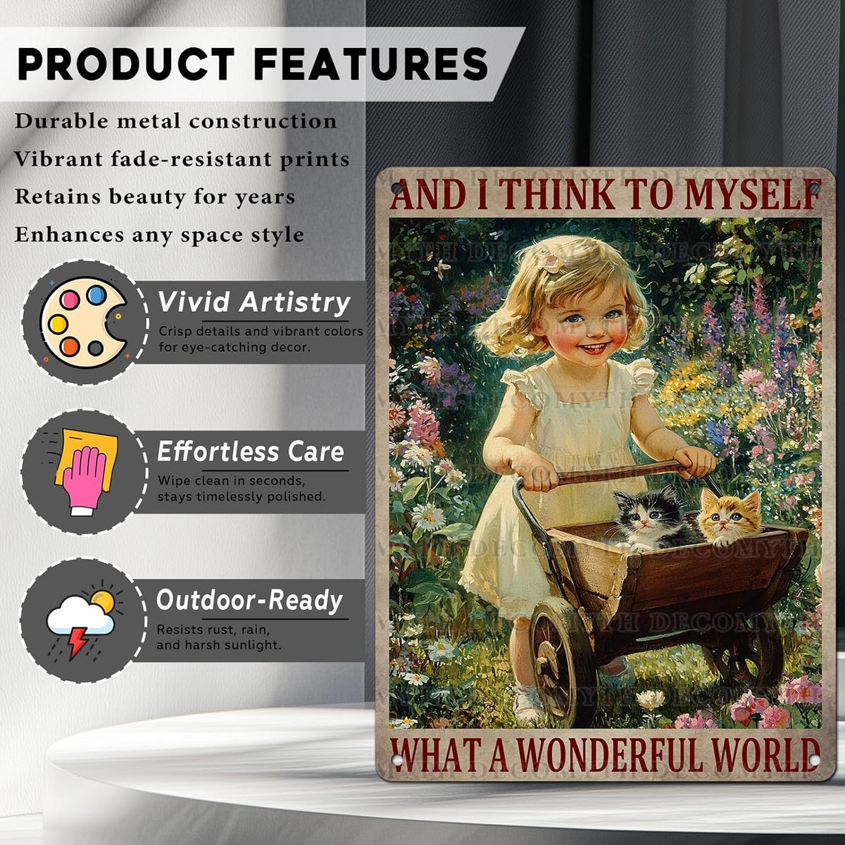 Garden Girl Metal Tin Sign Wall Art Rustic Vintage Outdoor Decor And I Think To Myself What A Wonderful World Quote 12 * 16inch