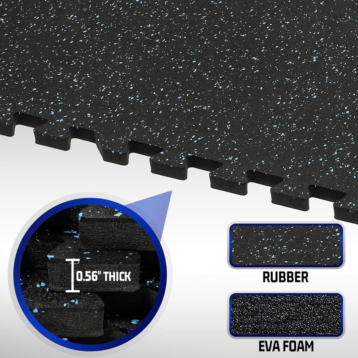 SUPERJARE 0.56'' Thick 24 Pcs 96 Sq Ft Rubber Top Exercise Equipment Mats, High Density EVA Foam Mats with Rubber Top, Interlocking Gym Flooring for Home Gym, Protective Workout Mat, Black/Blue