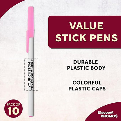 DISCOUNT PROMOS Custom Value Stick Pens Set of 10, Personalized Bulk Pack - Black Ink, Great for Office, School, Business, Tradeshows, Events - Pink