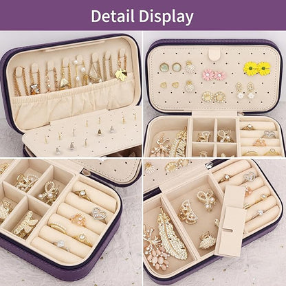 DesignSter Travel Jewelry Box, PU Leather Portable Jewelry Case, Small Jewelry Boxes for Gifts, Travel Jewelry Organizer for Women Rings Earrings Necklaces Bracelets (Dark Purple)