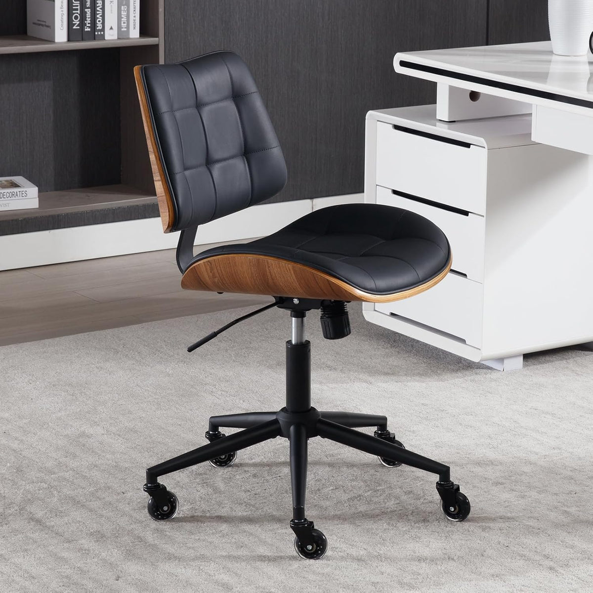Home Office Desk Chair with Wheels, Adjustable Height Armless Office Chair, PU Leather Mid Back 360° Small Computer Chair, Modern Walnut Chair No Arms for Office, Reading Meeting Room(Black)
