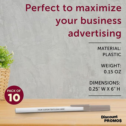 DISCOUNT PROMOS Custom Value Stick Pens Set of 10, Personalized Bulk Pack - Black Ink, Great for Office, School, Business, Tradeshows, Events - Grey