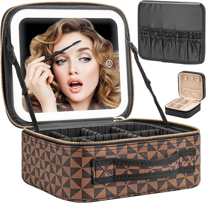Makeup Travel Train Case with Mirror LED Light 3 Adjustable Brightness Large Cosmetic Bag Portable Storage Adjustable Partition Waterproof Makeup Brushes Make up Jewelry Gift for Women