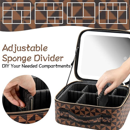 Makeup Travel Train Case with Mirror LED Light 3 Adjustable Brightness Large Cosmetic Bag Portable Storage Adjustable Partition Waterproof Makeup Brushes Make up Jewelry Gift for Women