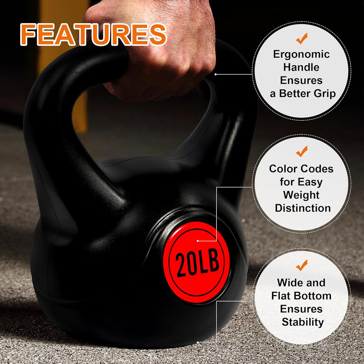 Fitvids Wide Grip 3-Piece or 4-Piece Kettlebell Exercise Fitness Weight Set, Include 5 lbs, 10 lbs, 15 lbs and 20 lbs, Set of 3 or Set of 4