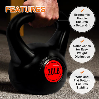 Fitvids Wide Grip 3-Piece or 4-Piece Kettlebell Exercise Fitness Weight Set, Include 5 lbs, 10 lbs, 15 lbs and 20 lbs, Set of 3 or Set of 4