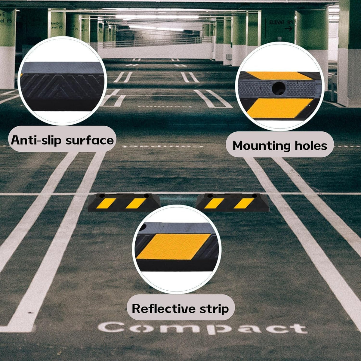 Heavy-Duty Parking Curb Wheel Stop - Driveway Vehicle Stopper for Cars, Trucks & RVs - Durable Rubber Car Barrier with Reflective Strip - Garage & Parking Lot Safety Curb Ramp (21" - 4Pack)