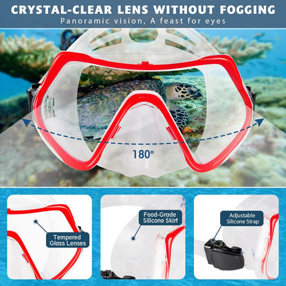 ZEEPORTE Mask Fin Snorkel Set, Travel Size Snorkeling Gear for Adults with Panoramic View Anti-Fog Mask, Trek Fins, Dry Top Snorkel and Gear Bag for Swimming Training, Snorkeling Kit Diving Packages