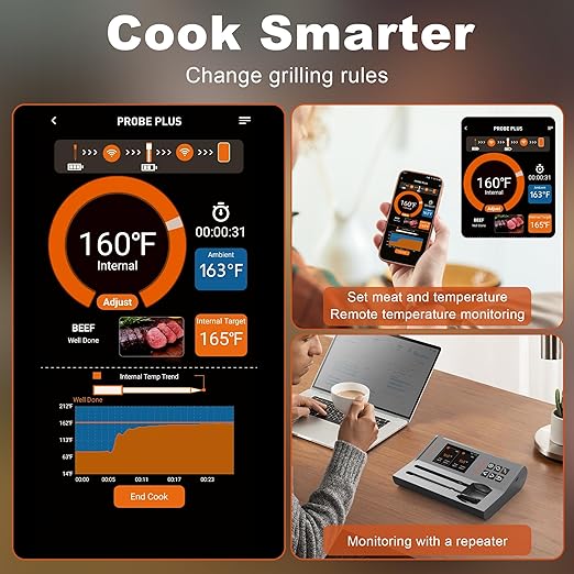 Wireless Meat Thermometer 2 Probes, Bluetooth Smart Meat Thermometer Digital Wireless Remote Tracking and Real-Time Readings, Standalone Base & Thinnest Probe, iOS and Android, for Grill, BBQ, Smoker
