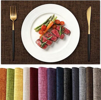 KXN Placemats Set of 4, Dual-Layer Thickened Faux Linen Table Mats, Heat Resistant & Wrinkle-Free, Machine Washable Cloth Place Mats for Kitchen Dining Indoor Outdoor (Brown)