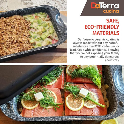 DaTerra Cucina - Nonstick Ceramic Coated Dual Roasting Pan Set – 2 Identical Pans, Oven Safe, Ideal for Roasting, Baking, Searing, Braising, Casseroles, Fits Most Toaster Ovens - 13 x 8 x 4.25