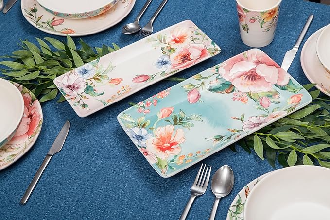 Bico Margret's Garden Ceramic 14 inch Rectangular Serving Platter, Set of 2, for Serving Salad, Pasta, Cheese, Ham, Appetizer, Microwave & Dishwasher Safe