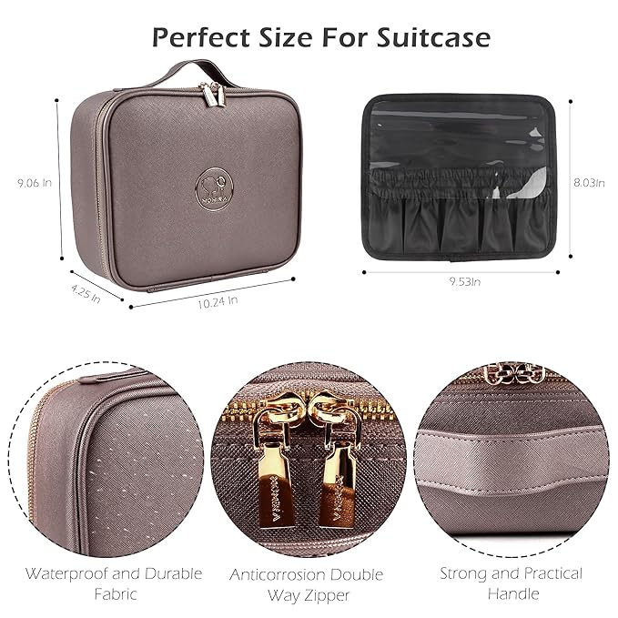 MOMIRA Travel Makeup Bag Cosmetic Bag Makeup Organizer Bag with Lighted Mirror, Adjustable Brightness in 3 Color Scenarios, Waterproof Makeup Train Case, Gift for Women - Pearl Light Gray